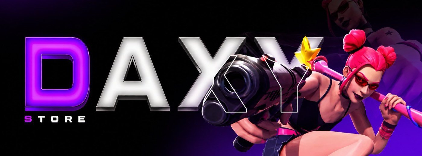 Personagem de Fortnite com a logo da Daxy Store